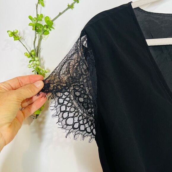 SHEIN Curve Black Wrap Dress Lace Cap Sleeves - Picture 3 of 11